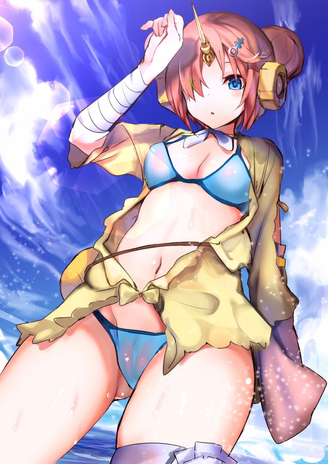 amamitsu_kousuke bandages bikini cameltoe cleavage fate/apocrypha fate/grand_order fate/stay_night frankenstein's_monster_(fate) horns open_shirt swimsuits