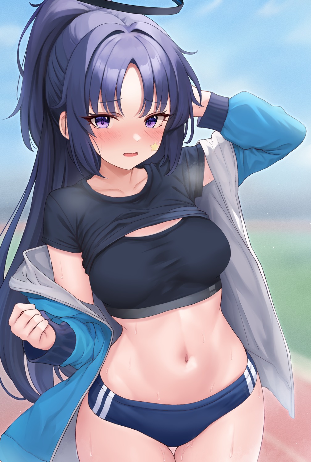 blue_archive bra buruma gym_uniform halo hayase_yuuka myuu_(arisumeria) shirt_lift tattoo wet