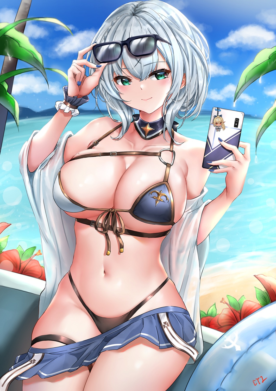 bikini cyicheng garter hololive megane open_shirt see_through shirogane_noel swimsuits