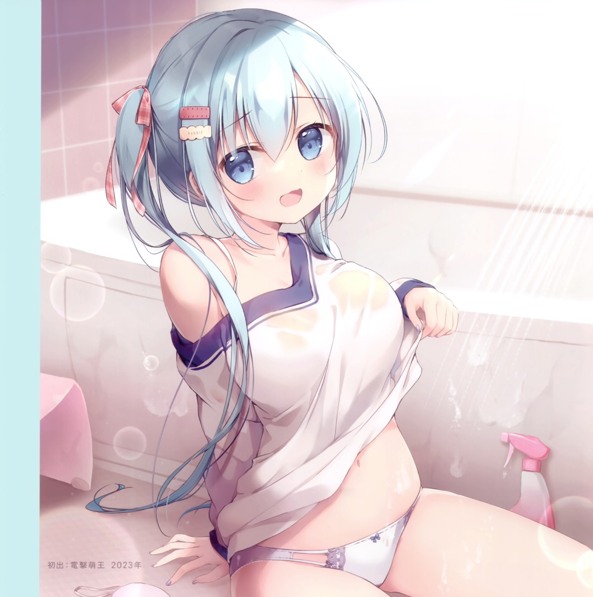 bathing canvas+garden marin_(canvas+garden) miyasaka_naco no_bra pantsu see_through shirt_lift undressing wet wet_clothes