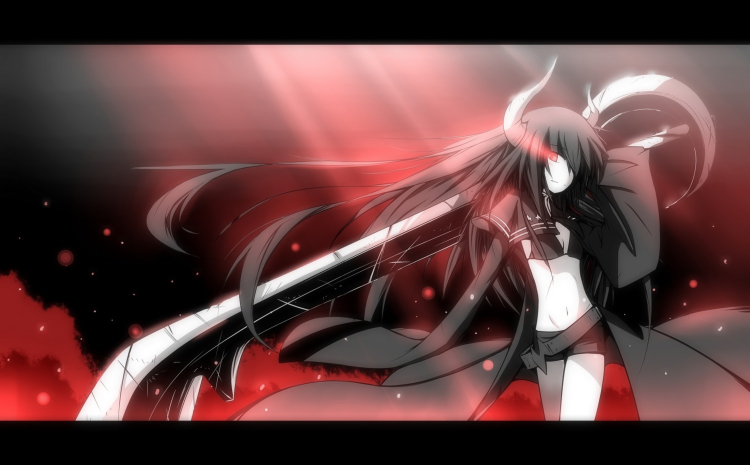 black_gold_saw black_rock_shooter horns sword tan_(artist) vocaloid