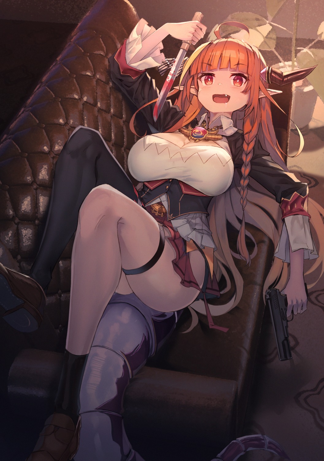blood cleavage garter gun hololive hopepe horns kiryuu_coco pointy_ears tail thighhighs weapon