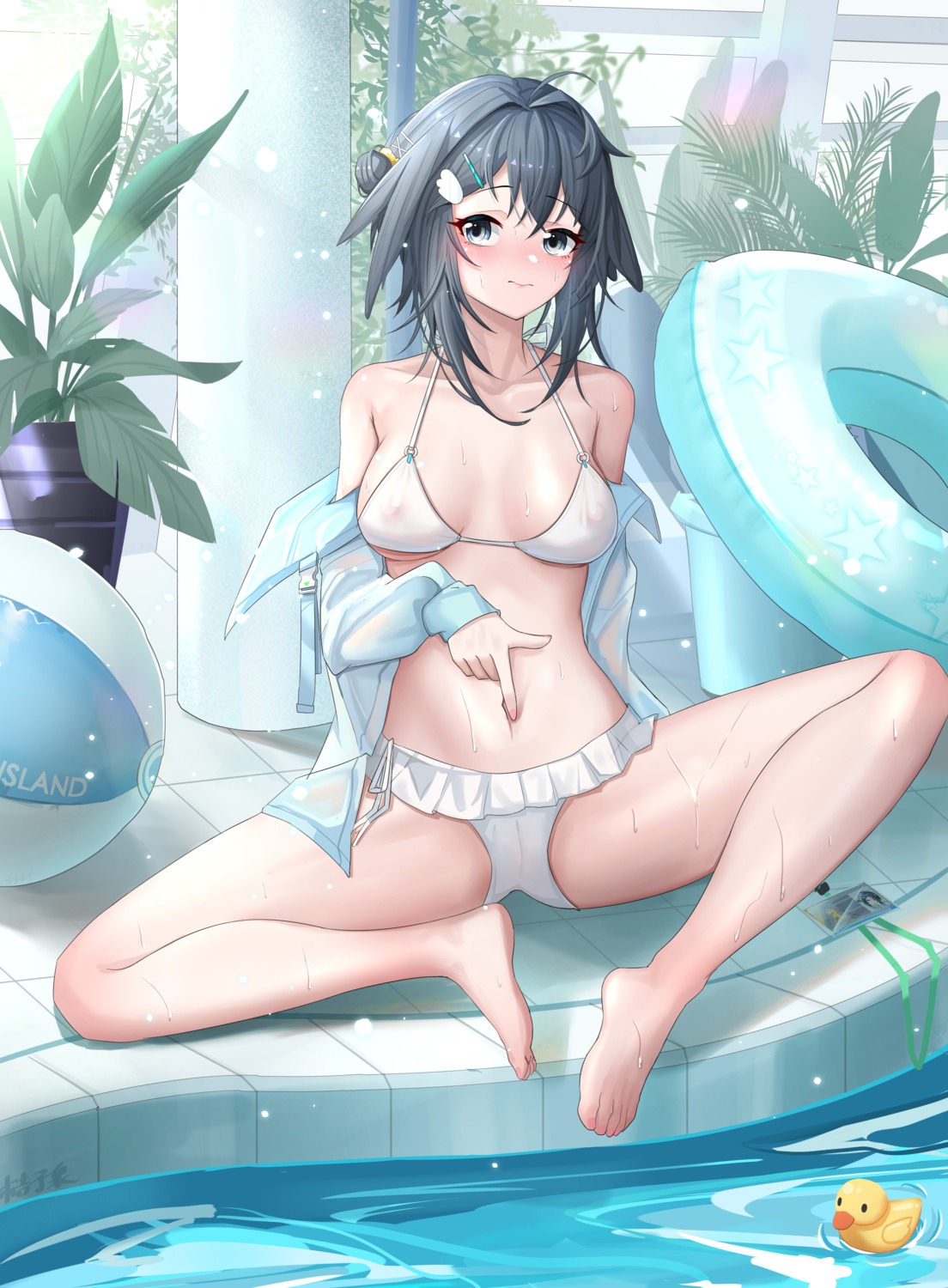 arknights bikini erect_nipples la_pluma_(arknights) open_shirt orangeizumi see_through swimsuits wet wet_clothes