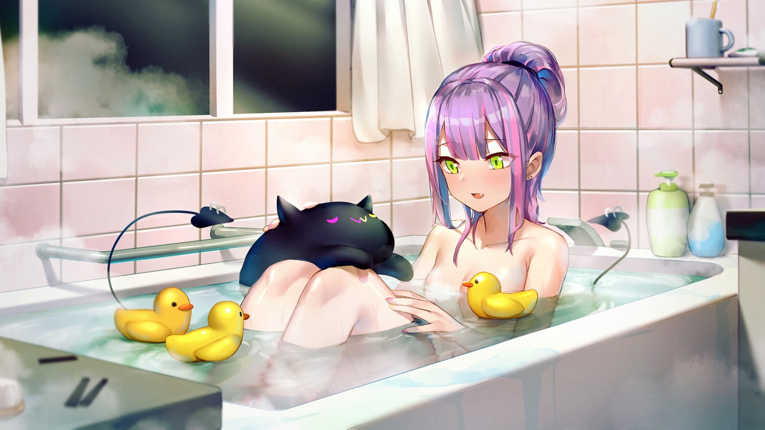 bathing censored hololive mr.lime naked tail tokoyami_towa wallpaper wet