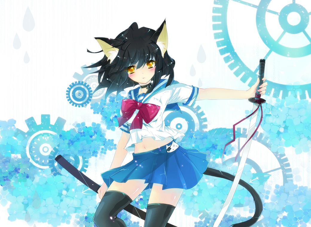 animal_ears ichiyou_moka nekomimi seifuku skirt_lift sword tail thighhighs