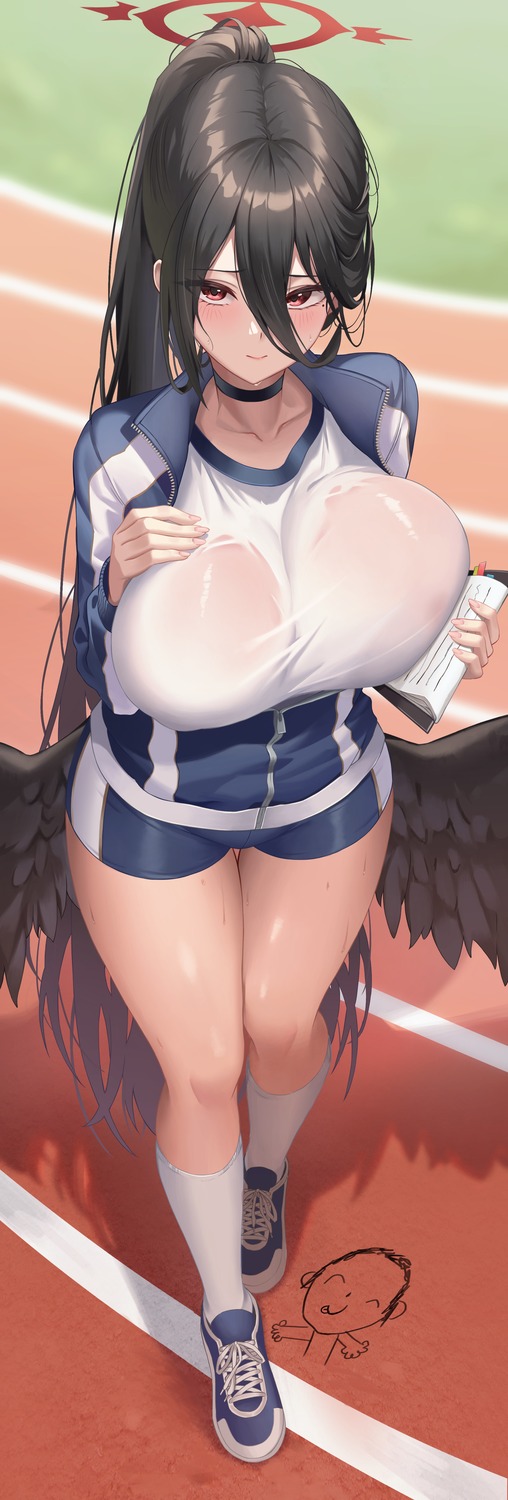 angel areola blue_archive gym_uniform hanekawa_hasumi no_bra see_through wet_clothes wings yj