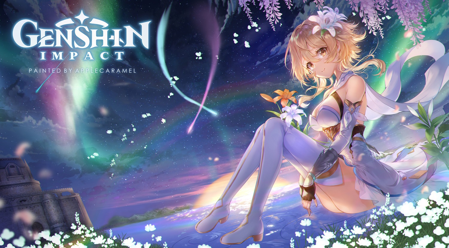 apple_caramel genshin_impact heels landscape lumine no_bra see_through skirt_lift thighhighs