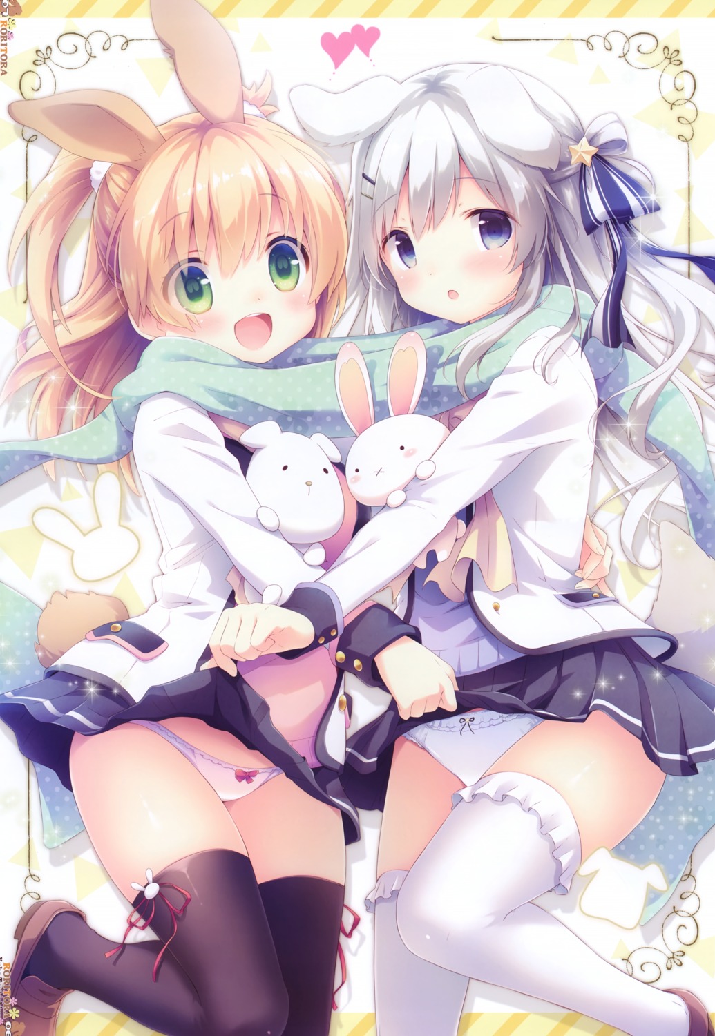 animal_ears bunny_ears inumimi pantsu roritora seifuku shiratama skirt_lift sweater tail thighhighs tsukishima_yuuko yuri