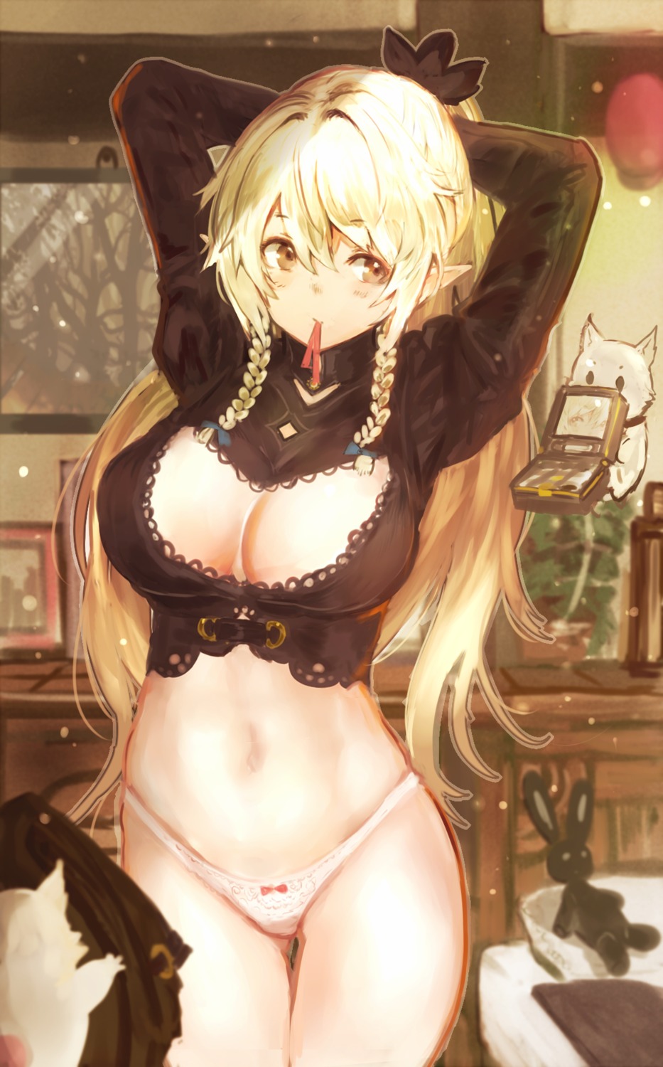 cleavage no_bra pantsu pointy_ears shiabisu