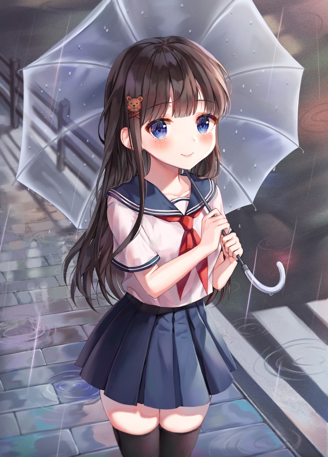 monjja see_through seifuku thighhighs umbrella wet wet_clothes