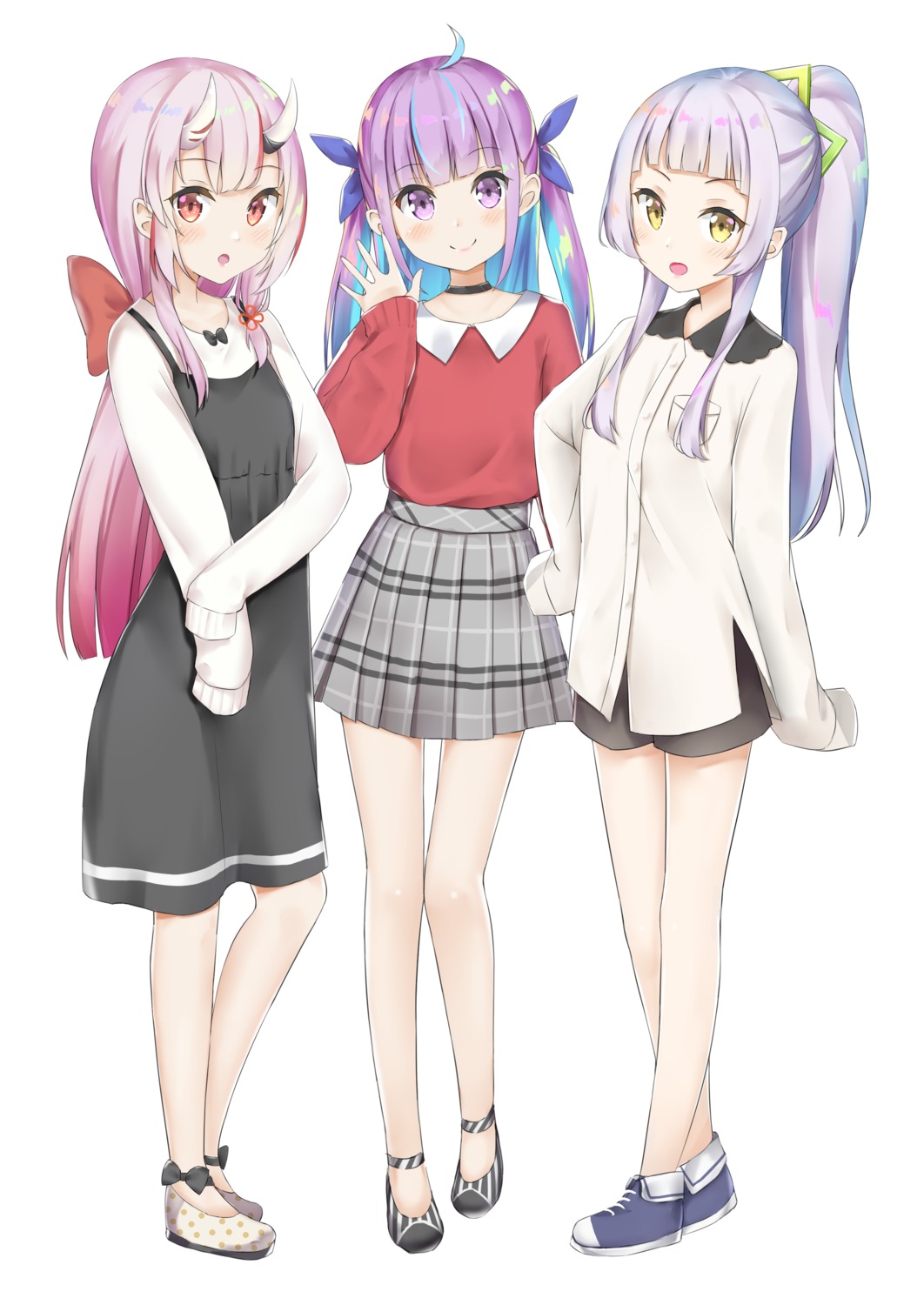 crossover dress hololive horns hujinoyume minato_aqua murasaki_shion nakiri_ayame sweater