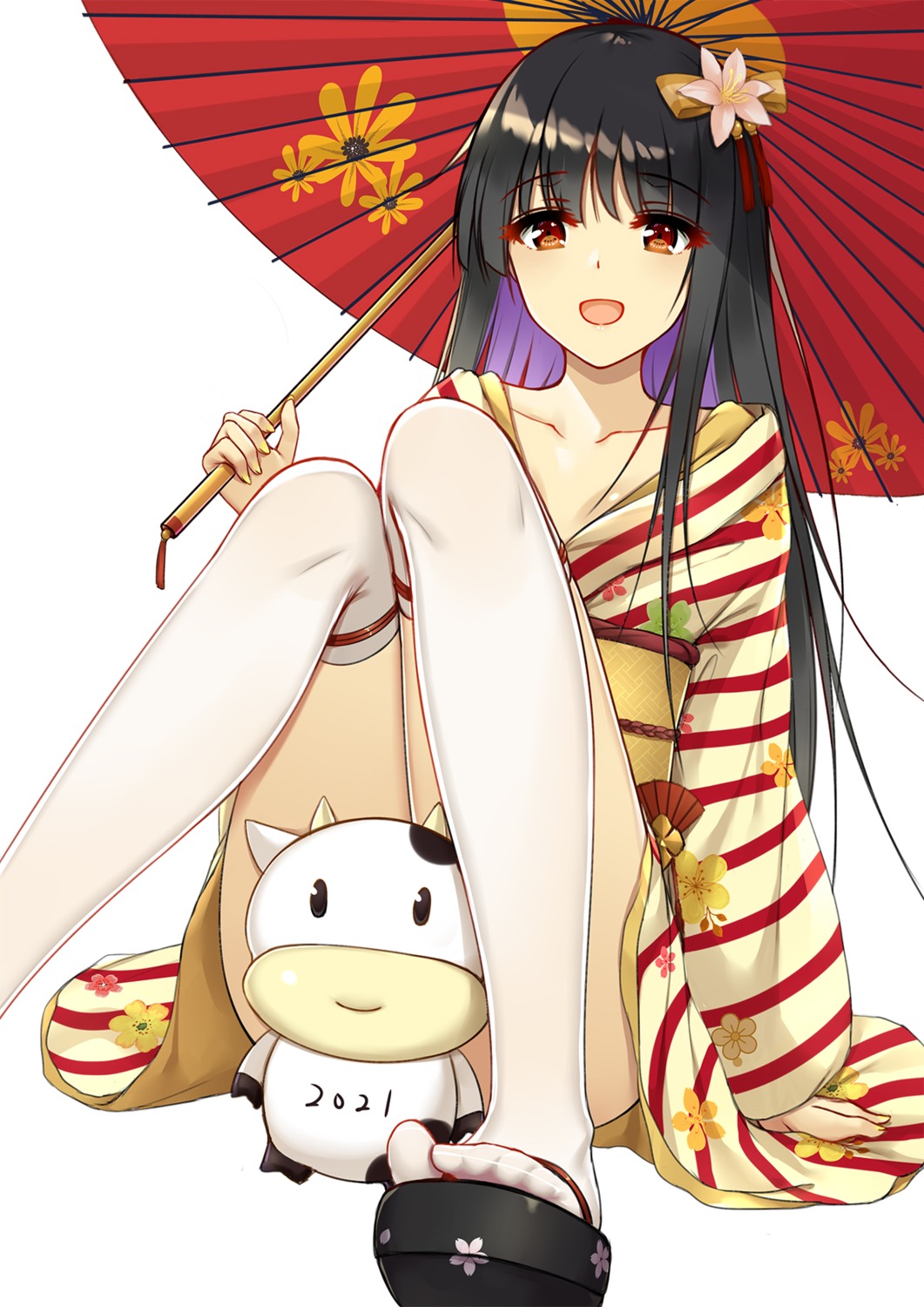 flan_(seeyouflan) open_shirt skirt_lift thighhighs umbrella yukata