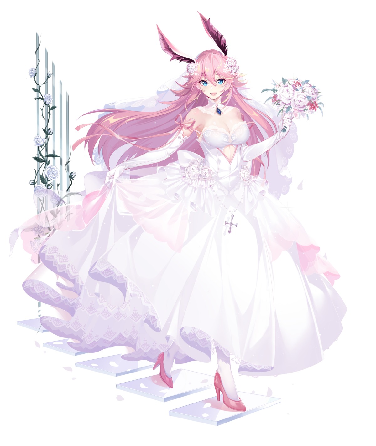 animal_ears benghuai_xueyuan bunny_ears cleavage dress heels honkai_impact kikimi no_bra skirt_lift thighhighs wedding_dress yae_sakura_(benghuai_xueyuan)