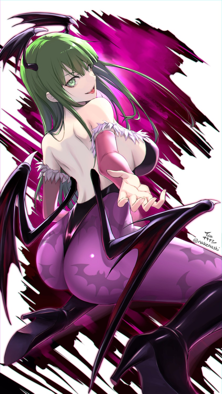 ass dark_stalkers heels leotard morrigan_aensland no_bra pantyhose tea_(nakenashi) wings