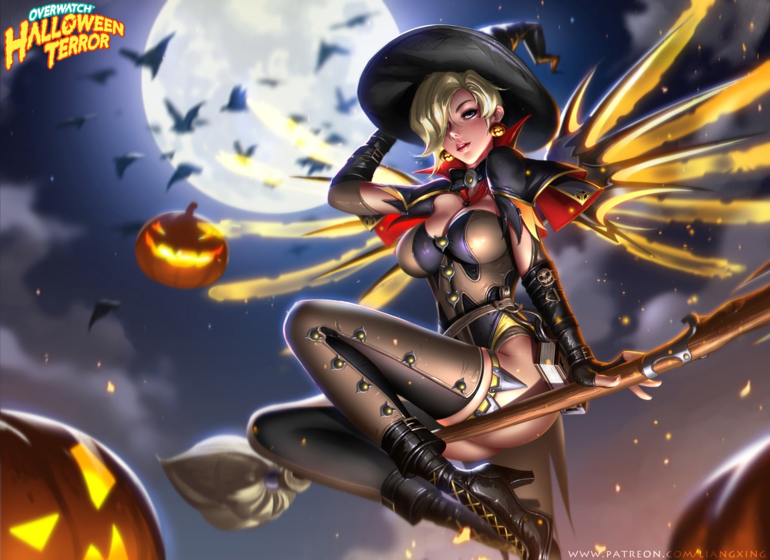 cleavage halloween heels liang_xing mercy_(overwatch) overwatch thighhighs wings witch