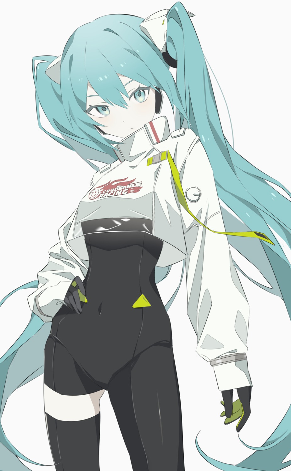 azuki_(ckxs7444) bodysuit goodsmile_racing hatsune_miku headphones racing_miku thighhighs vocaloid