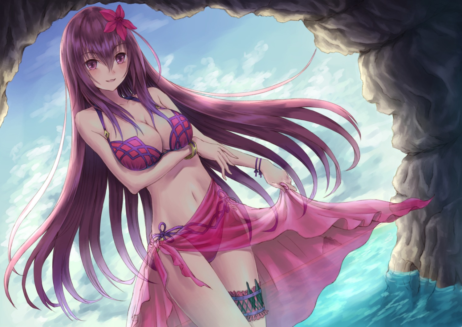 bikini breast_hold cleavage fate/grand_order garter scathach_(fate/grand_order) see_through skirt_lift swimsuits
