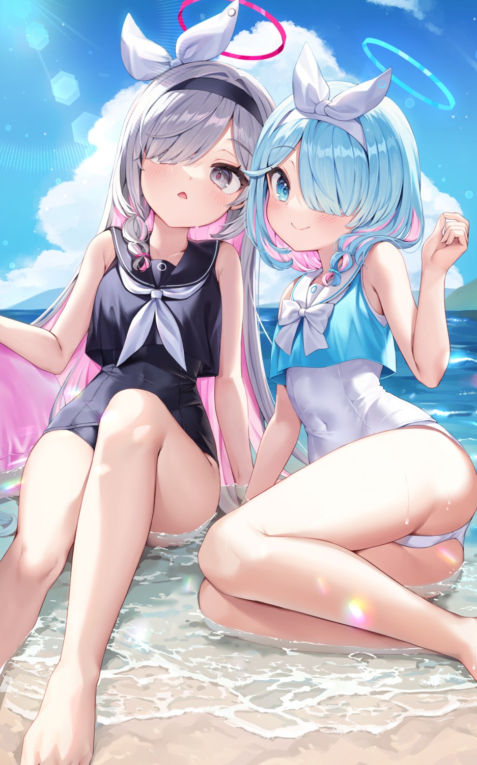 arona_(blue_archive) blue_archive halo loli mono_mon__ plana_(blue_archive) seifuku swimsuits wet