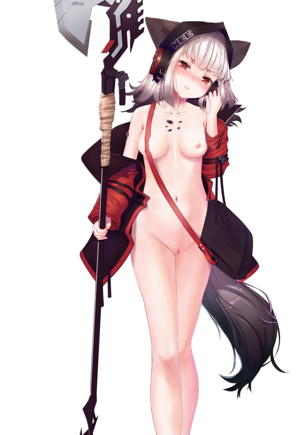animal_ears arknights bottomless breasts frostleaf_(arknights) headphones nipples no_bra open_shirt pipapu pussy tail uncensored weapon