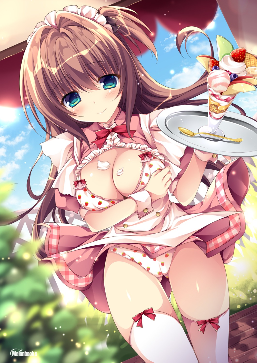 bra breast_hold cameltoe cleavage cream maid nanaroba_hana open_shirt pantsu skirt_lift thighhighs waitress