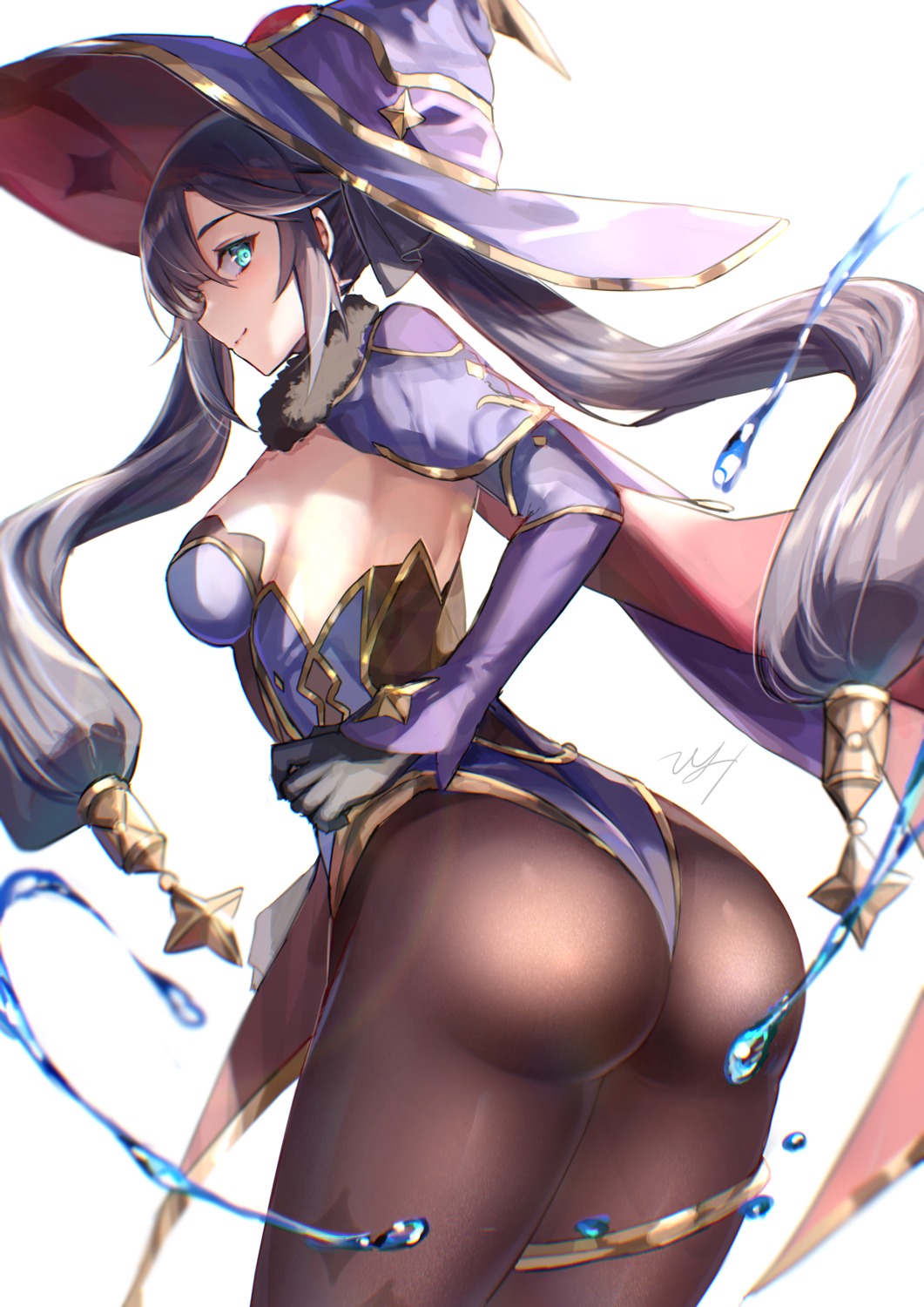 ass garter genshin_impact hitomin_(ksws7544) leotard mona_megistus no_bra pantyhose witch