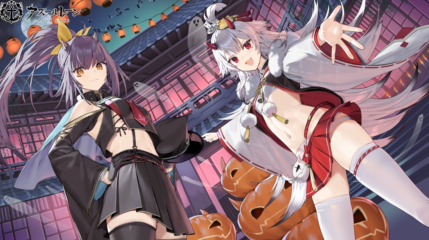 azur_lane bandages hibiki_(azur_lane) horns isuzu_(azur_lane) japanese_clothes kitada_mo no_bra nopan pantsu sarashi skirt_lift thighhighs