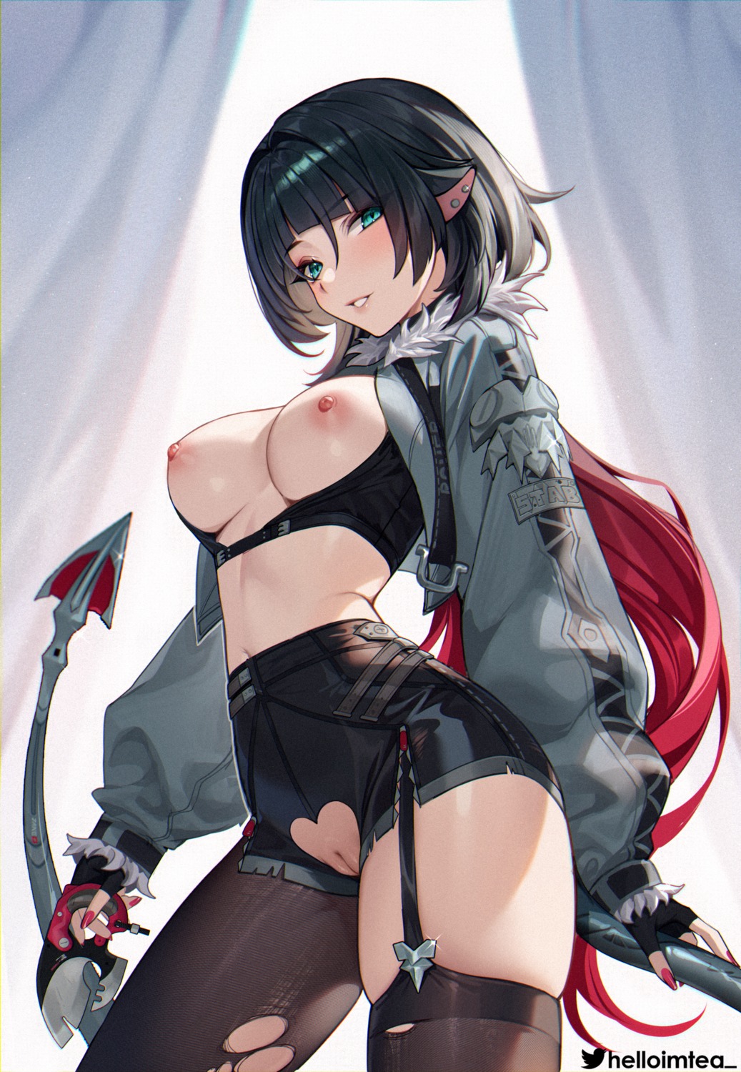 animal_ears breasts helloimtea jane_doe nipples no_bra nopan pussy stockings tail thighhighs torn_clothes uncensored weapon zenless_zone_zero