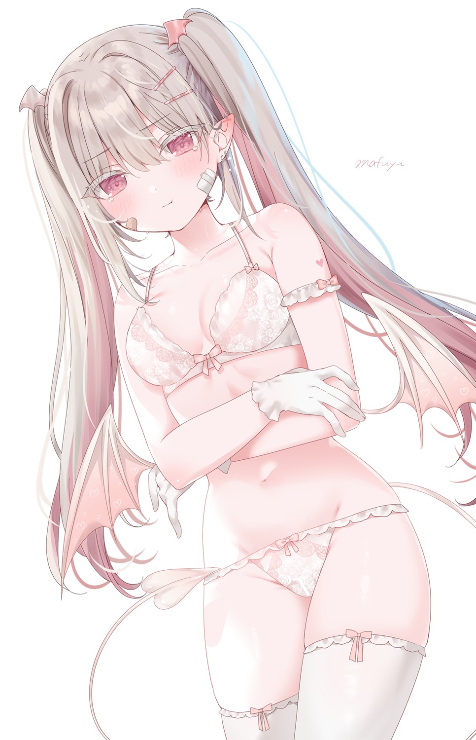 bandages bandaid bra censored devil mafuyu_(chibi21) pantsu pointy_ears tail thighhighs wings