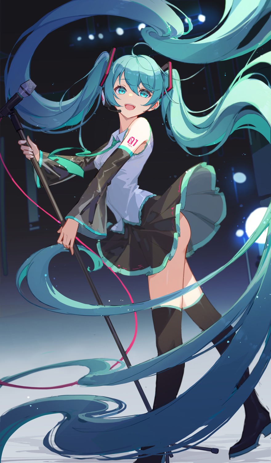 ass hatsune_miku headphones lance_(lancelliu) skirt_lift tattoo thighhighs vocaloid