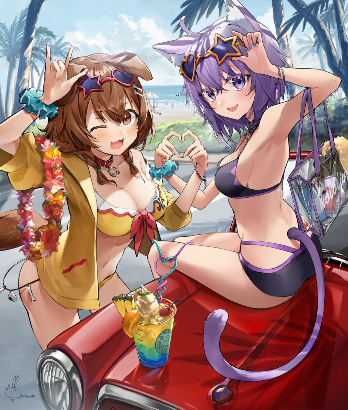 animal_ears bikini hololive hololive_gamers inugami_korone inumimi kito_koruta megane nekomata_okayu nekomimi open_shirt swimsuits tail