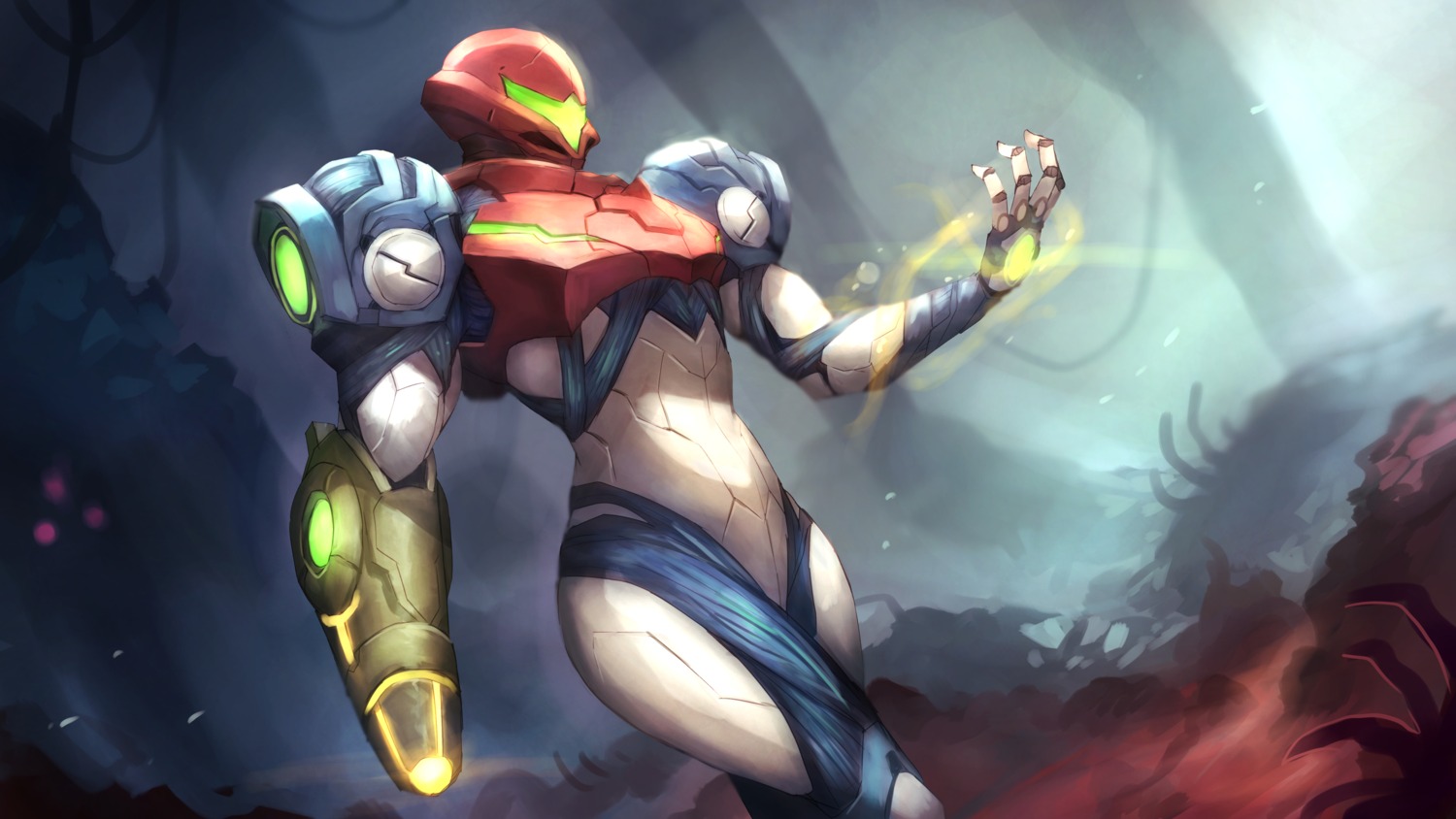 armor bodysuit metroid metroid_dread samus_aran shiburingaru wallpaper weapon