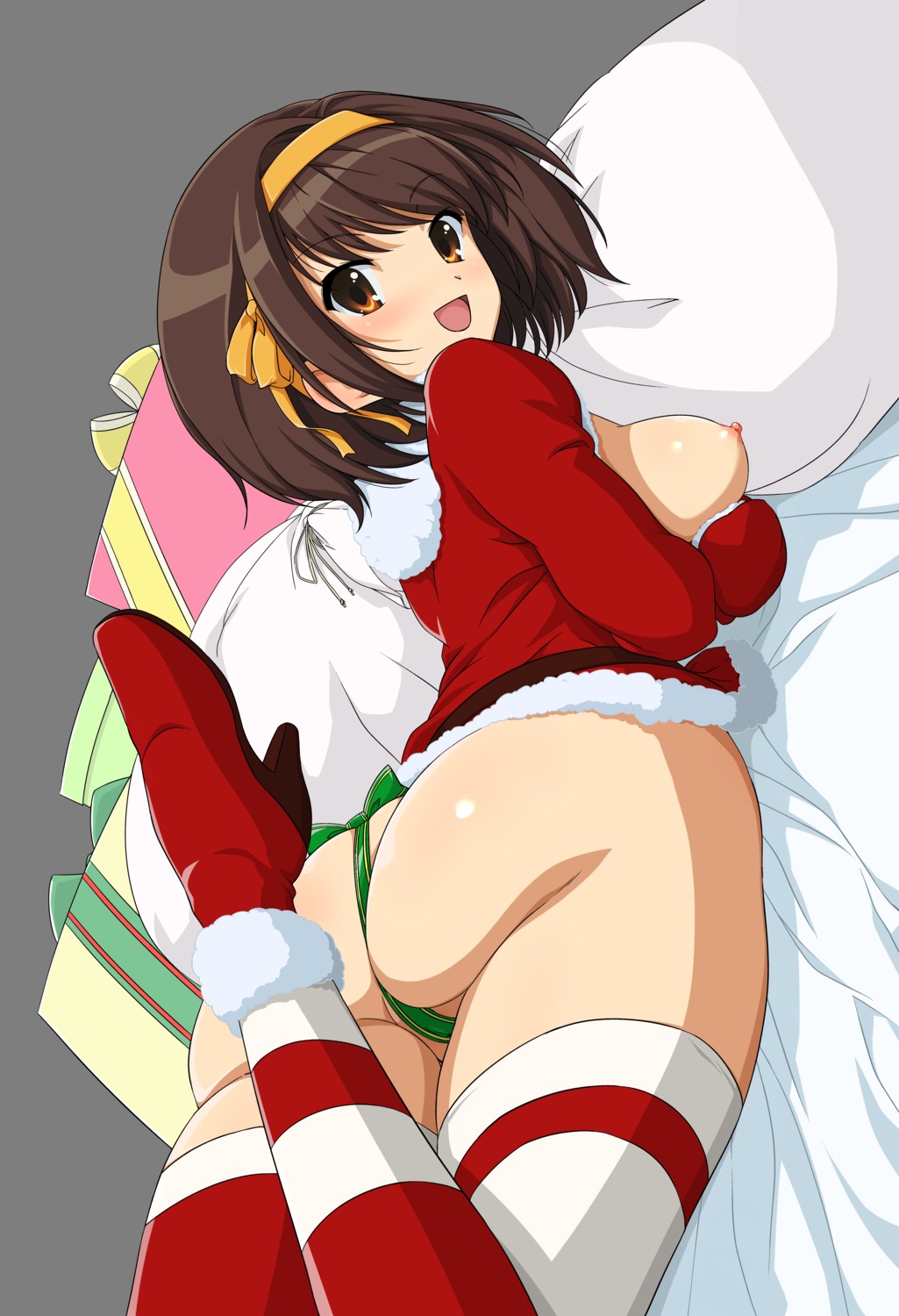 ass breast_hold breasts christmas haruhisky heels nipples no_bra nopan open_shirt see_through suzumiya_haruhi suzumiya_haruhi_no_yuuutsu