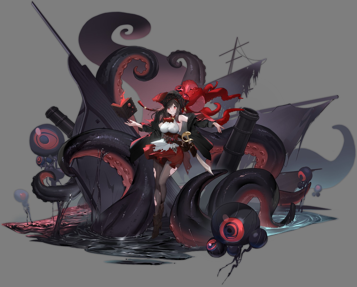 azur_lane no_bra pantyhose royal_fortune_(azur_lane) souji_hougu sword tentacles torn_clothes transparent_png wet