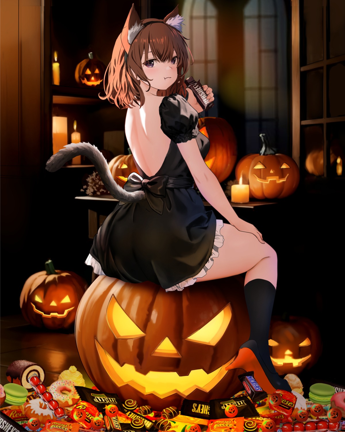 animal_ears dress gibun_(sozoshu) halloween heels nekomimi no_bra tail