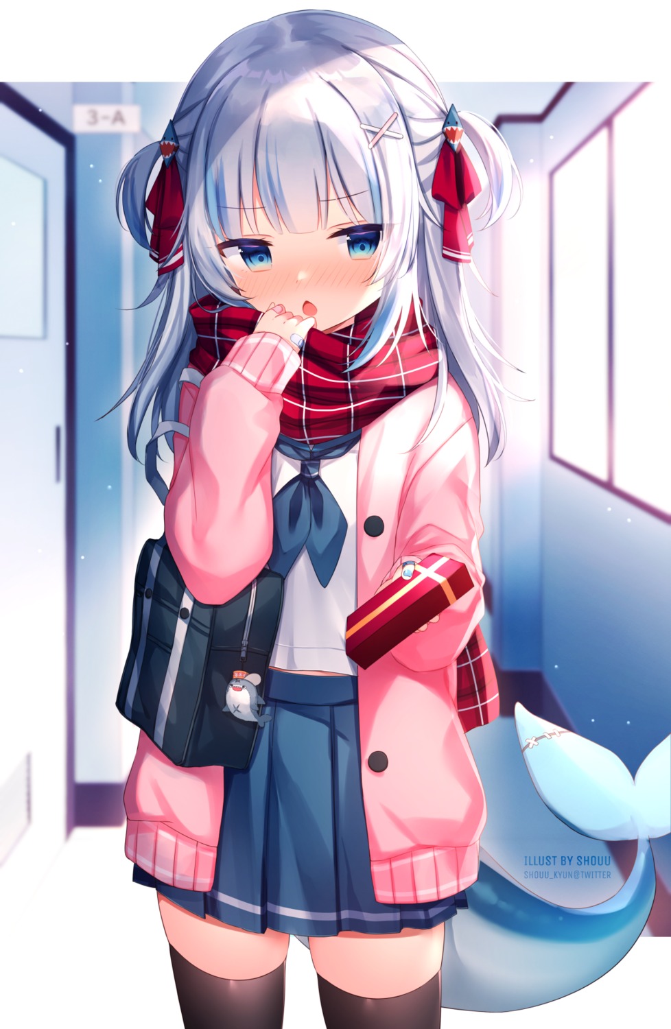 gawr_gura hololive hololive_english seifuku shouu-kun sweater tail thighhighs valentine