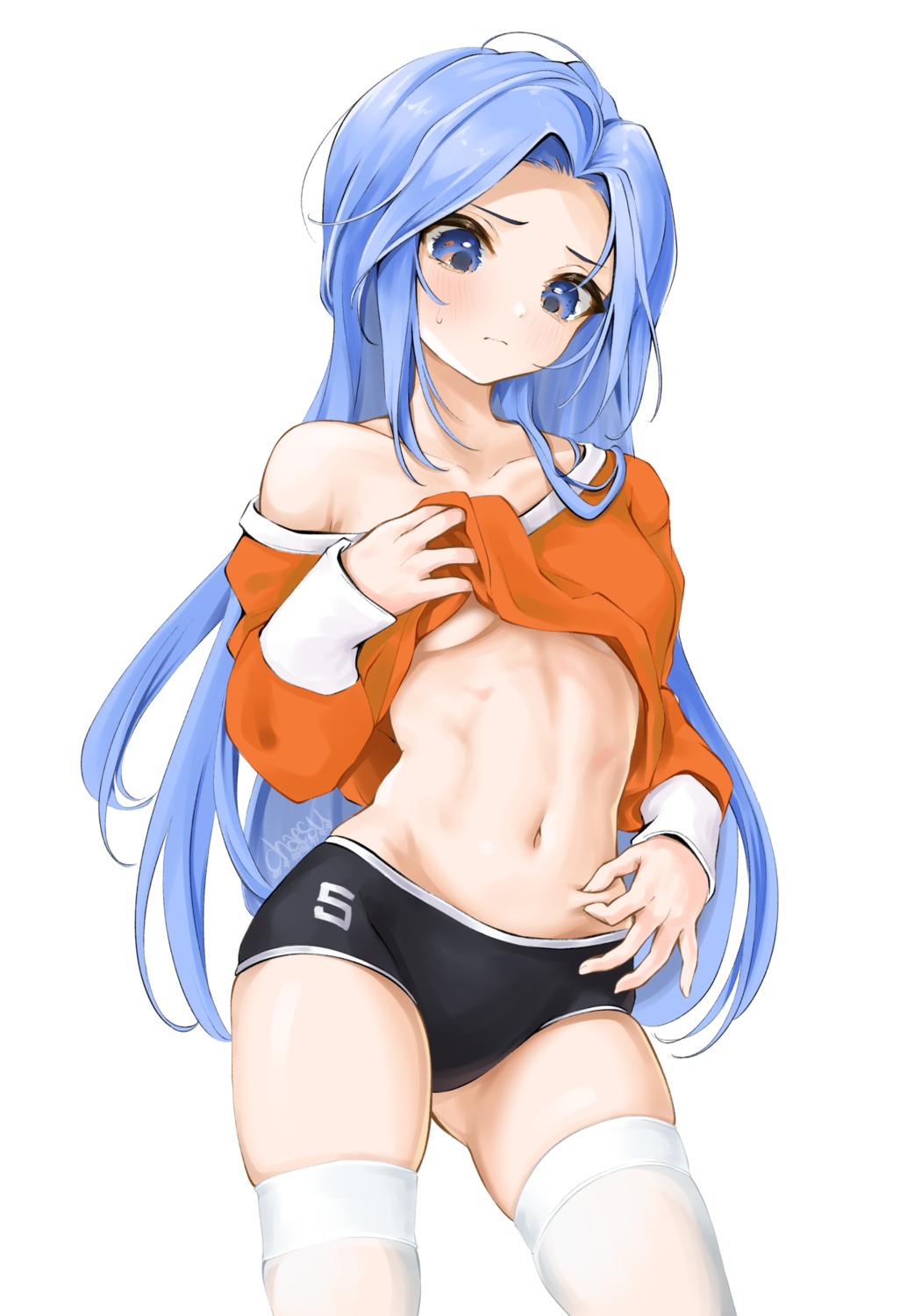 buruma chaesu minah_(chaesu) no_bra shirt_lift thighhighs underboob