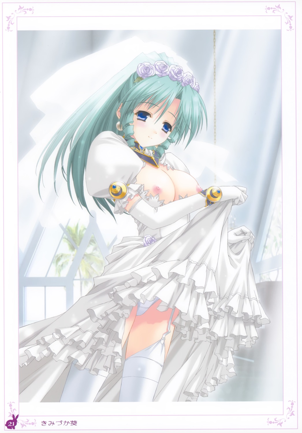 breasts dress kimizuka_aoi nipples open_shirt pantsu skirt_lift stockings thighhighs wedding_dress