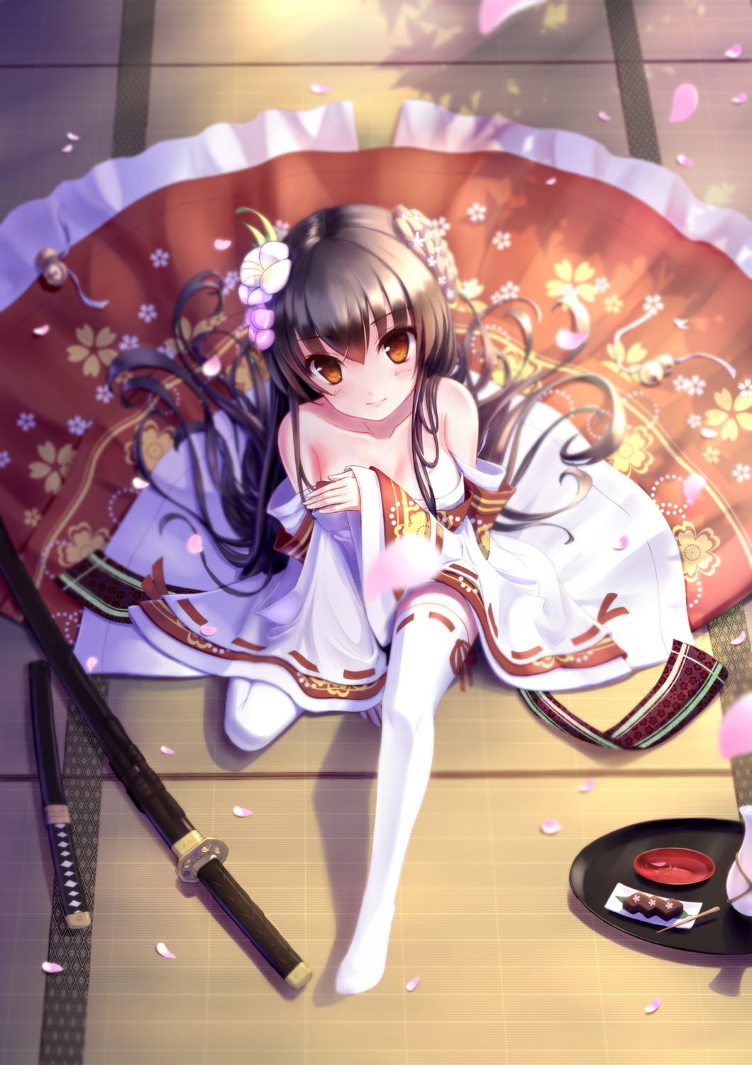 baise_fangjianta cleavage kimono sword thighhighs