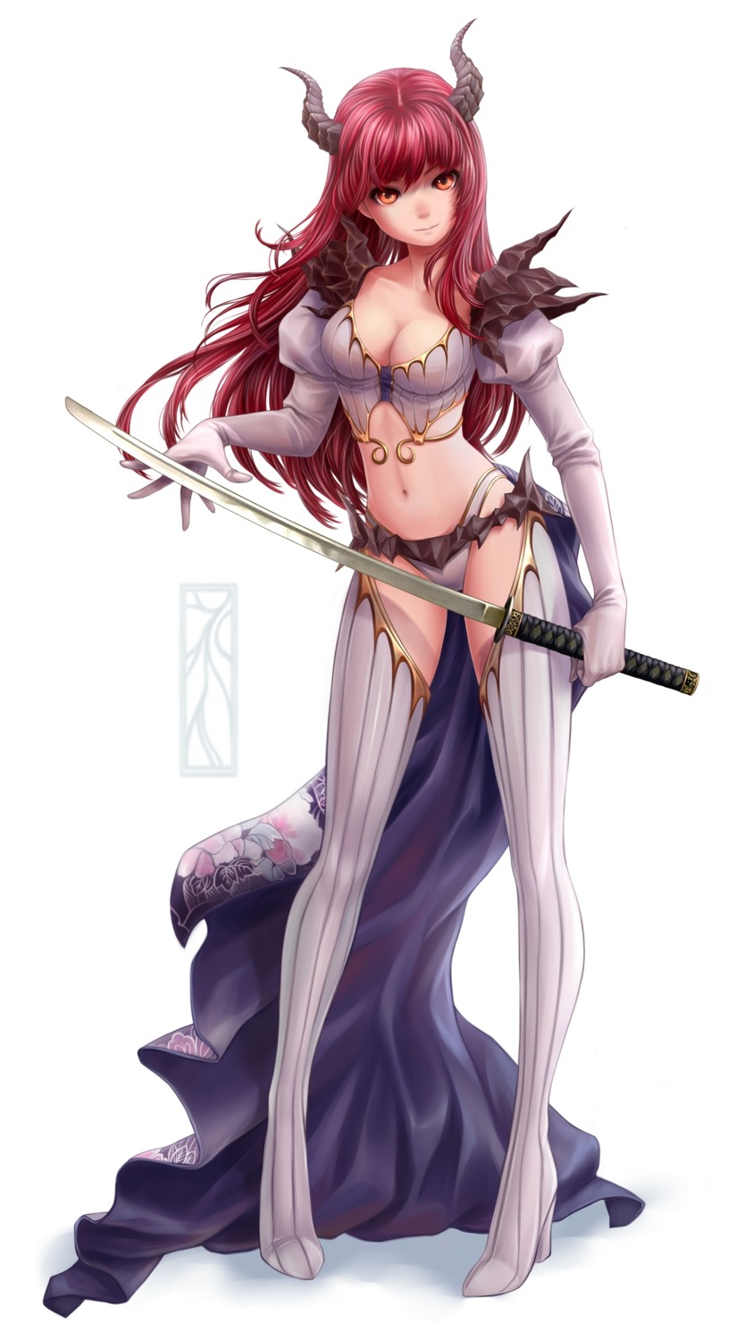 cleavage horns kotikomori sword thighhighs