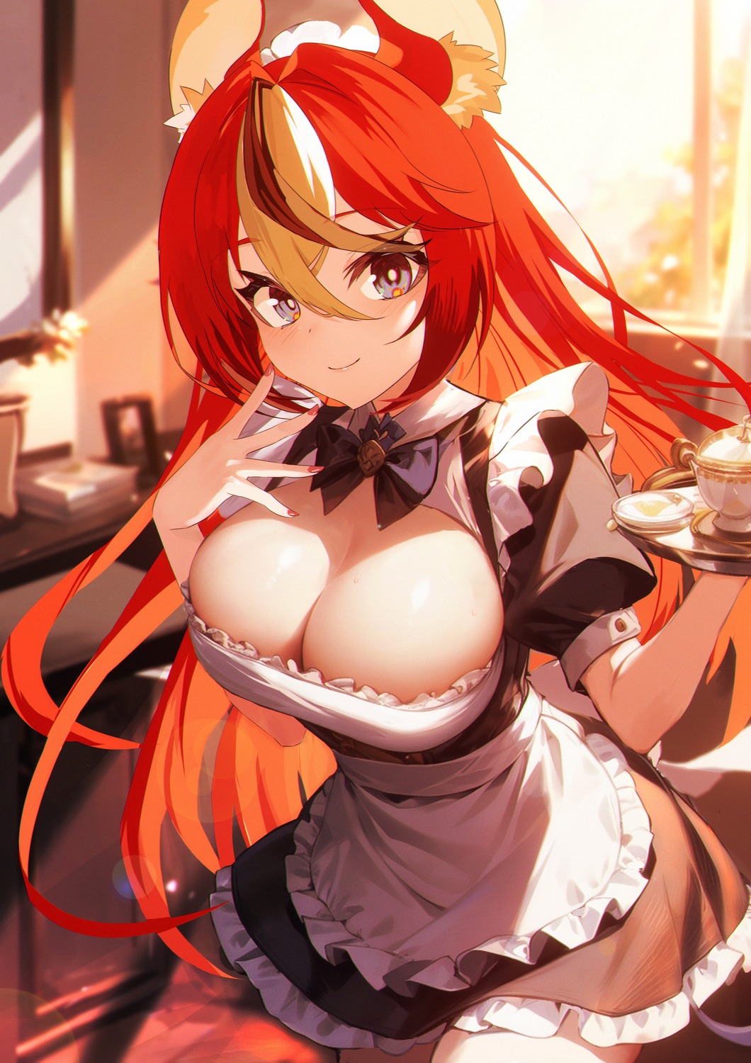 animal_ears hakos_baelz hololive hololive_english jiang_ye_kiri maid no_bra waitress