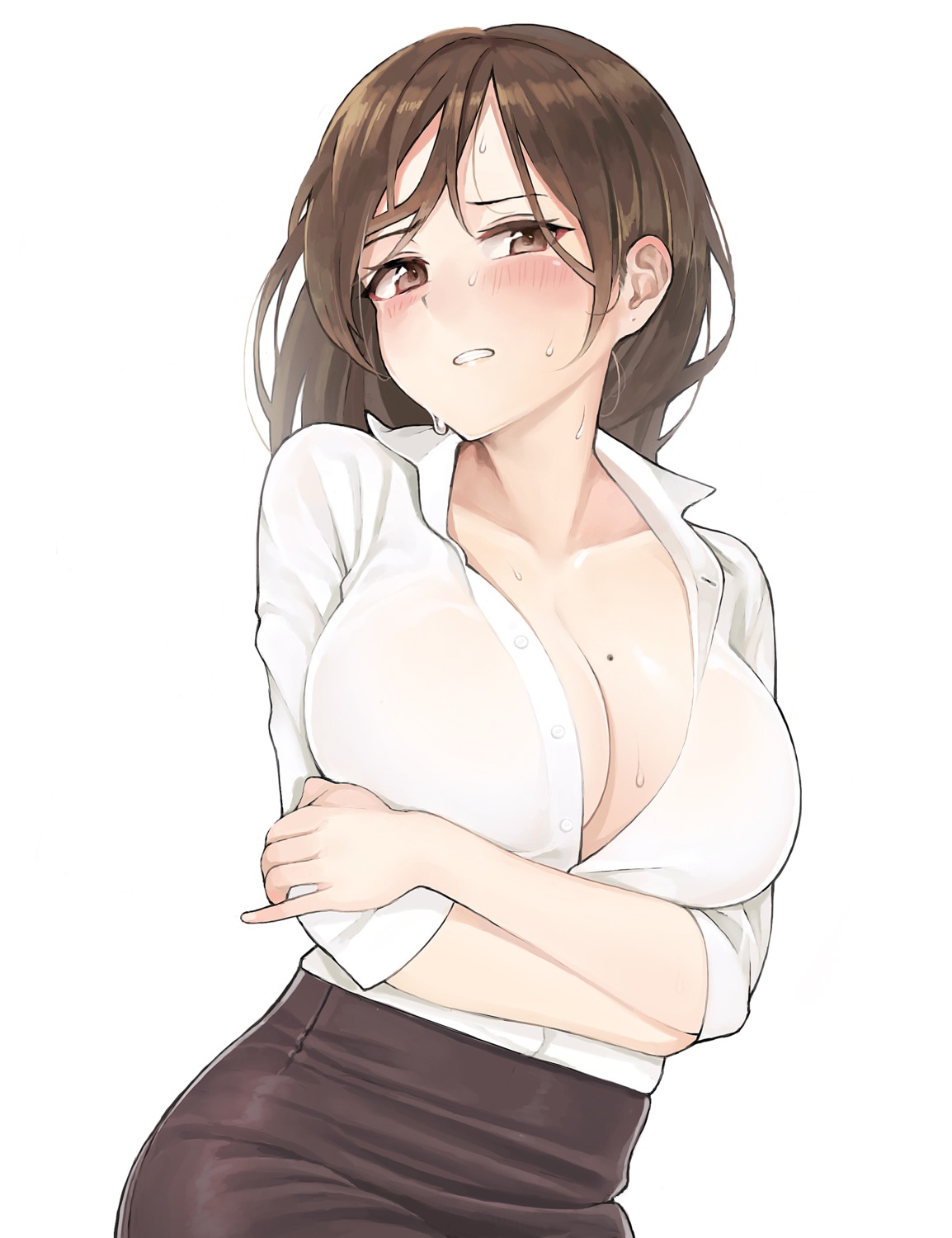 ameyame breast_hold cleavage dress_shirt no_bra open_shirt see_through