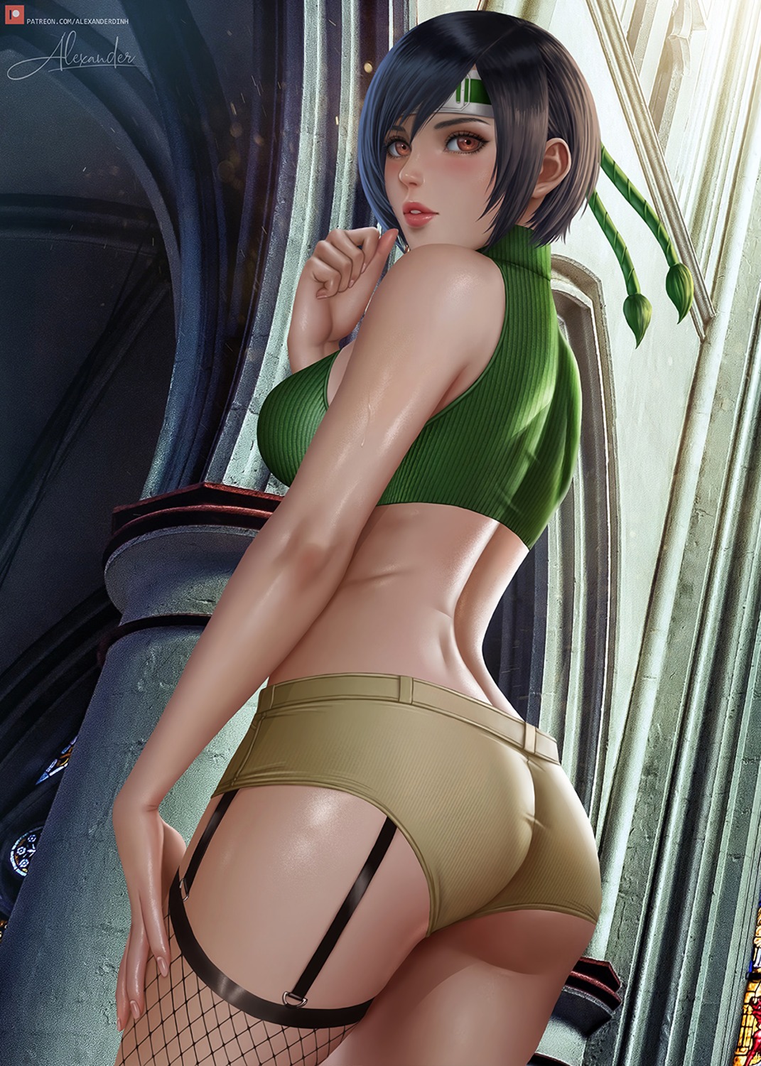 alexanderdinh ass final_fantasy final_fantasy_vii fishnets stockings sweater thighhighs yuffie_kisaragi