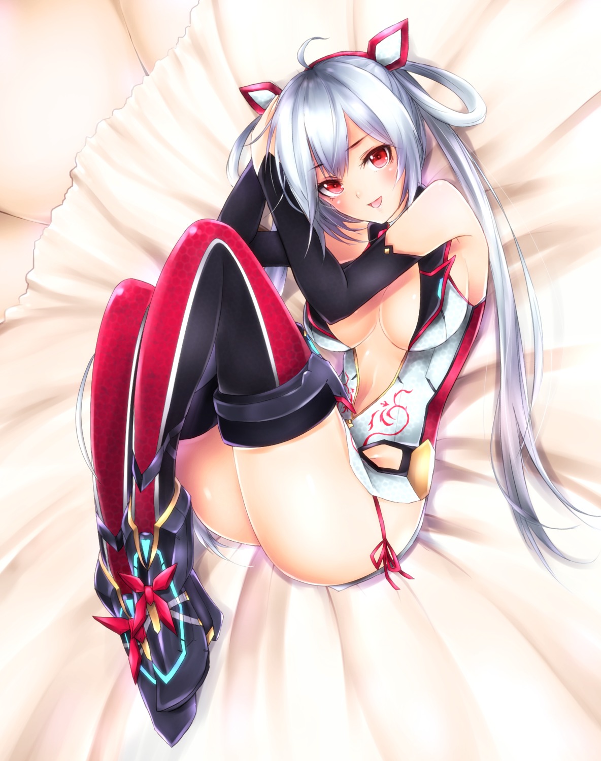 ass cleavage frofrofrost heels matoi_(pso2) no_bra open_shirt pantsu phantasy_star_online phantasy_star_online_2 string_panties thighhighs