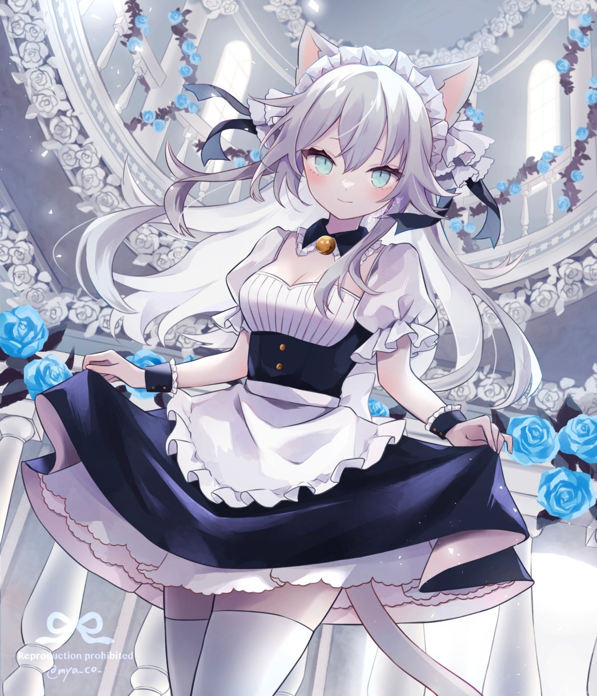 animal_ears cleavage maid myaco9 nekomimi skirt_lift tail thighhighs