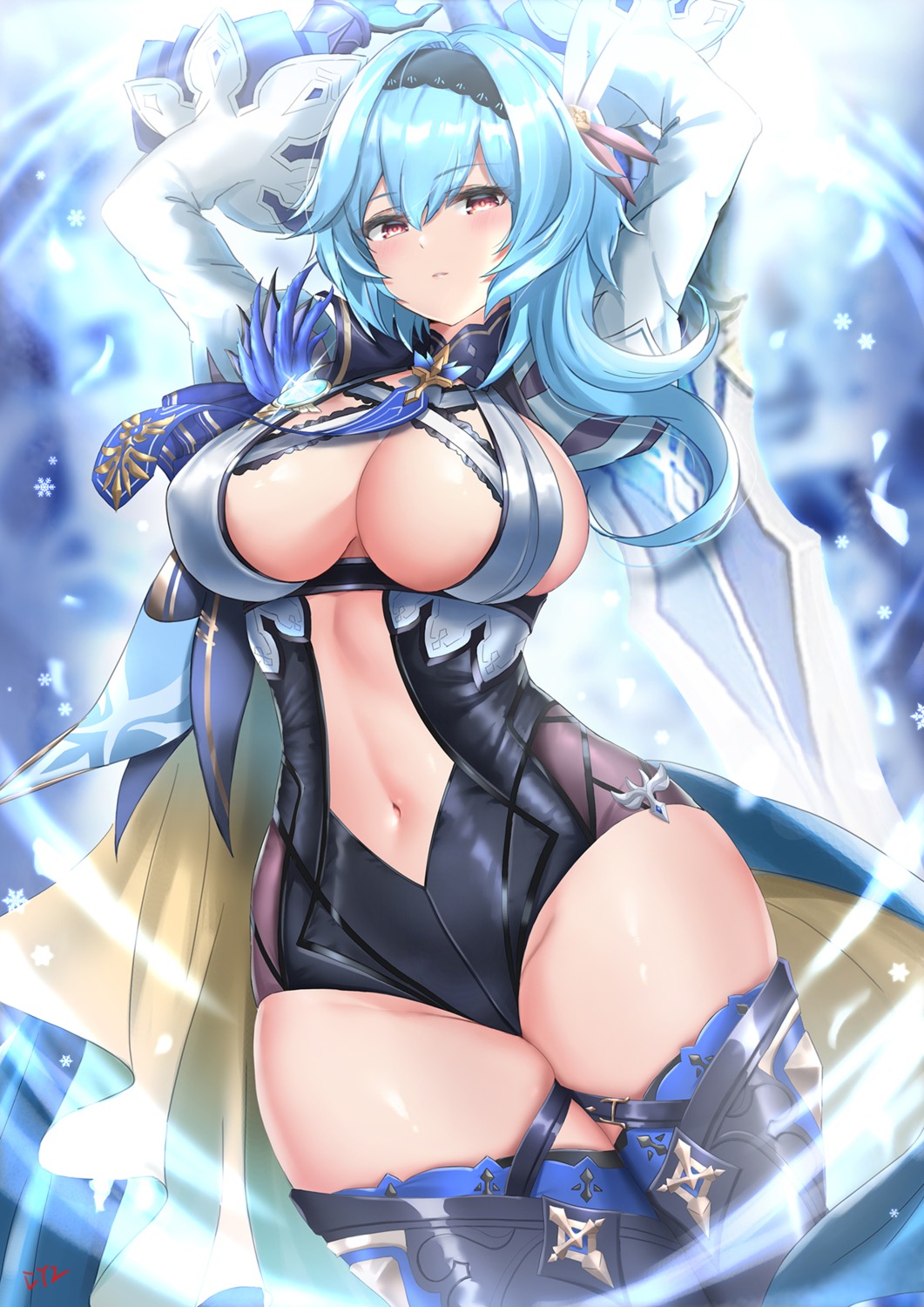 cyicheng eula garter genshin_impact leotard no_bra sword thighhighs