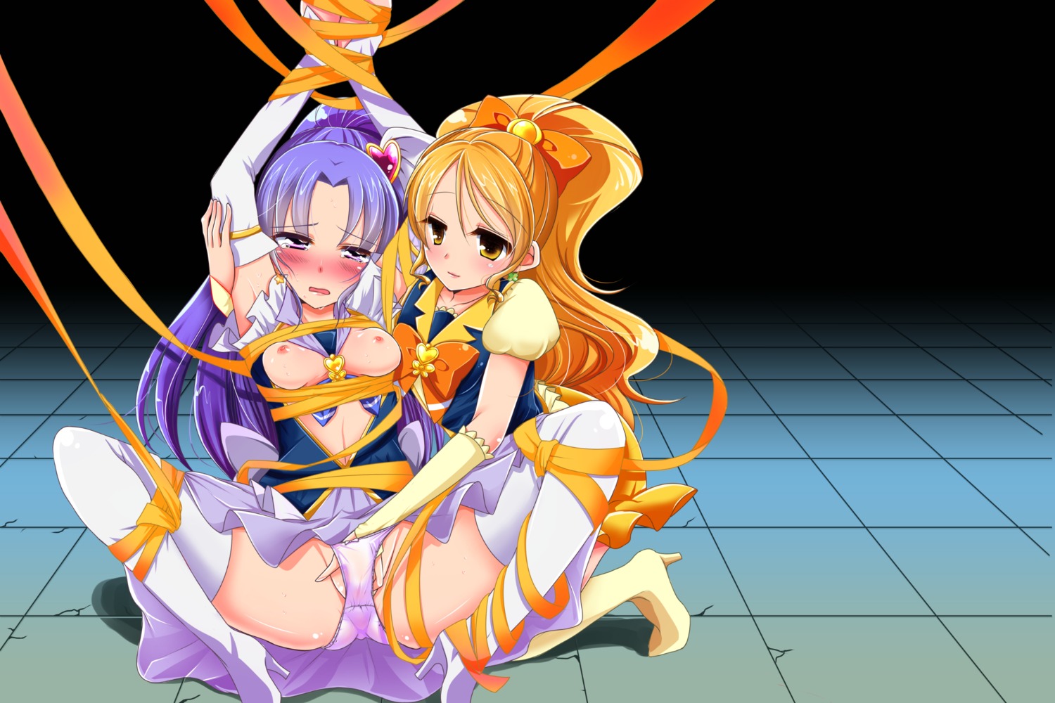 bondage breasts fingering happiness_charge_precure! heels hikawa_iona nipples noyuki1204 oomori_yuuko pantsu pretty_cure see_through yuri