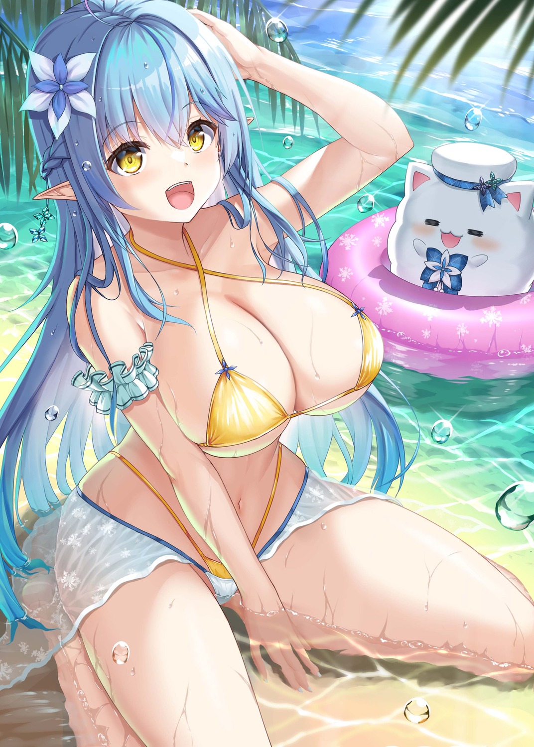 bikini hololive pointy_ears see_through swimsuits thong uehiro wet yukihana_lamy