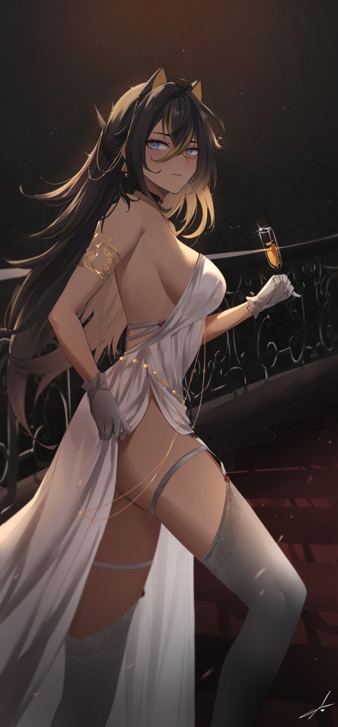 dehya dress feint721 garter genshin_impact no_bra stockings thighhighs