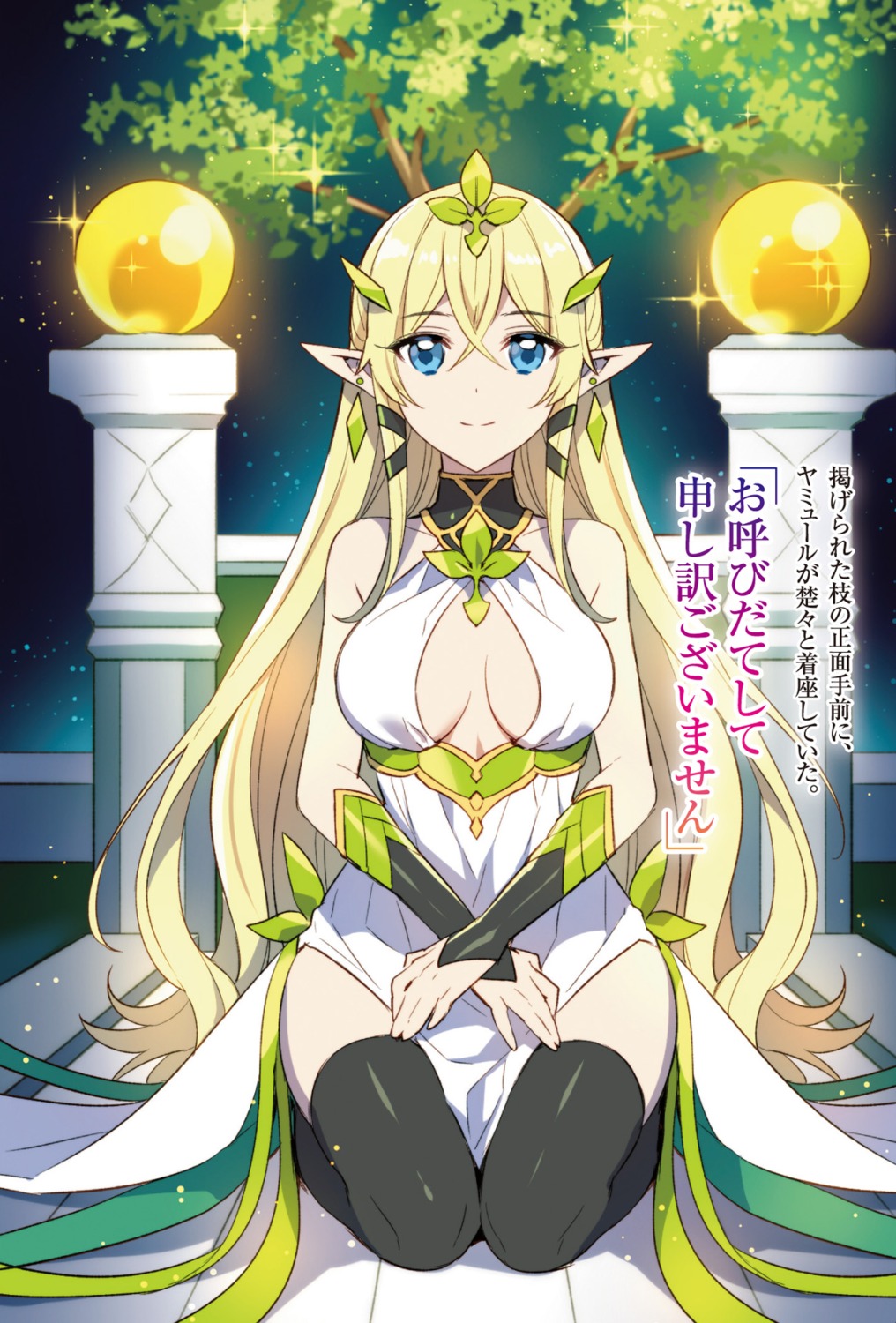 cleavage dress isekai_cheat_magician nardack no_bra pointy_ears thighhighs