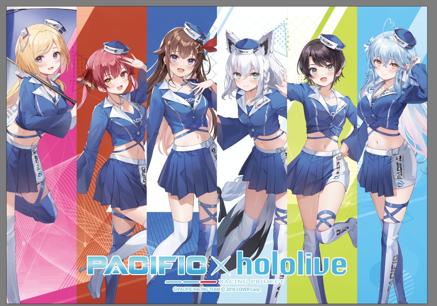 aki_rosenthal animal_ears garter heels heterochromia hololive hololive_gamers houshou_marine kanda_done kitsune oozora_subaru shirakami_fubuki tail thighhighs tokino_sora umbrella uniform yukihana_lamy